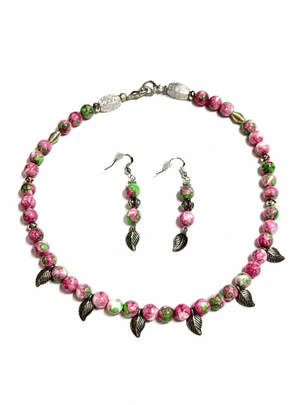 Pink & Green Rain Flower Stone Bead Necklace w/ Silver Leaf Spacers + Earrings